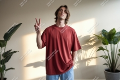 Young man peace sign casual wear t-shirt Product Image 1