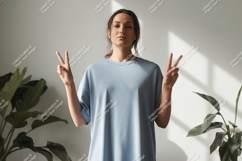 Woman peace sign blue shirt mockup image Product Image 1