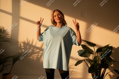 Woman wearing light blue t-shirt peace sign image Product Image 1