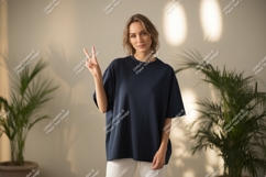Woman wearing dark blue t shirt peace sign image Product Image 1