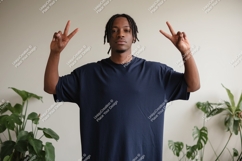 Young man navy t shirt peace sign t-shirt Product Image 1