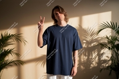 Young Man Navy T Shirt Peace Gesture t-shirt Product Image 1