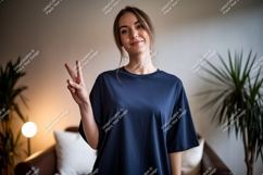 Young Woman Peace Sign navy t-shirt Product Image 1