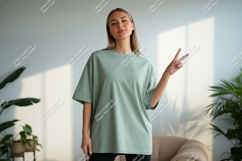 Woman wearing green t shirt peace sign image Product Image 1