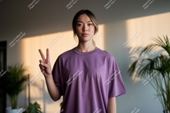 Young woman peace gesture purple Product Image 1