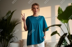 Woman teal t shirt peace sign mockup image Product Image 1