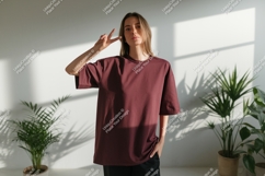 Woman wearing maroon t shirt peace sign image Product Image 1