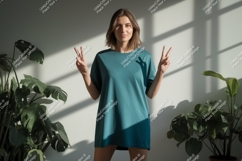 Woman wearing teal t shirt peace sign image Product Image 1