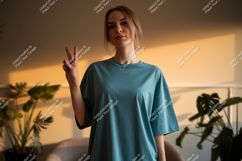 Woman wearing teal t shirt making peace sign image Product Image 1