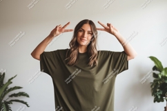 Woman peace sign gesture mockup olive Product Image 1