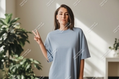 Woman wearing blue t shirt peace sign t-shirt Product Image 1