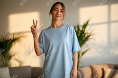 Young woman peace sign light blue shirt image Product Image 1