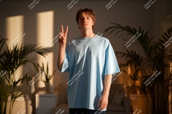 Young man peace gesture light blue shirt image Product Image 1