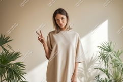 Woman wearing neutral t shirt peace sign image Product Image 1