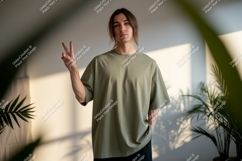 Man wearing olive green t shirt peace sign image Product Image 1