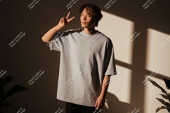Young man grey t-shirt peace sign image Product Image 1