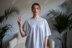 Woman peace sign grey t shirt mockup image Product Image 1