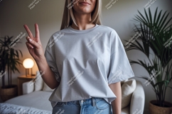 Woman grey t shirt peace sign image Product Image 1