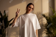 Woman wearing white t-shirt peace sign image Product Image 1