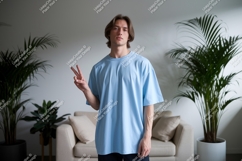 Young man peace sign blue t shirt image Product Image 1