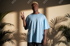 Man wearing light blue t shirt peace sign image Product Image 1