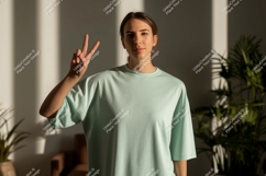 Woman peace sign light shadows Product Image 1