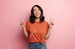 Cheerful woman peace sign gesture happy Product Image 1