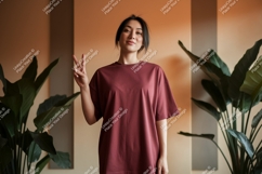Woman wearing maroon t shirt peace sign image Product Image 1