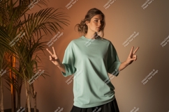 Woman wearing mint t-shirt peace sign image Product Image 1