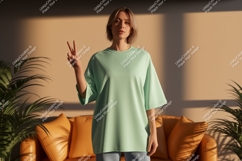Woman wearing mint green t-shirt peace sign image Product Image 1