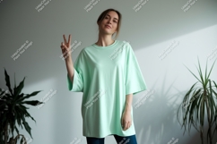 Young Woman Wearing Mint Green Oversized T Shirt t-shirt Product Image 1
