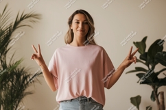 Woman wearing pink t shirt making peace sign image Product Image 1