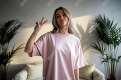 Young woman wearing pink t shirt peace sign image Product Image 1