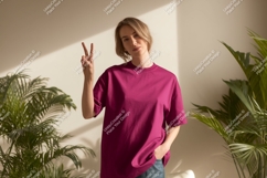 Woman wearing magenta t shirt peace sign image Product Image 1