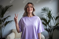 Young Woman Peace Gesture Casual Purple T Shirt Mockup Product Image 1