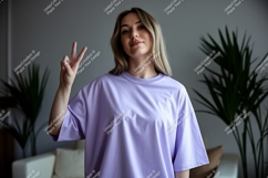 Woman wearing lavender t shirt peace sign image Product Image 1