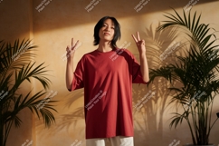 Young woman wearing red shirt peace sign image Product Image 1