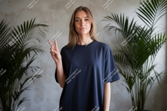 Woman peace sign navy shirt mockup image Product Image 1