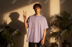 Man wearing purple t shirt peace sign image Product Image 1