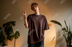 Casual person wearing brown t shirt peace sign image Product Image 1