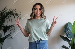 Woman wearing pastel t shirt peace sign image Product Image 1