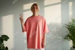 Woman wearing coral t-shirt mockup peace Product Image 1