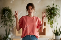 Woman wearing coral t shirt showing peace sign image Product Image 1