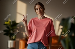 Woman wearing pink shirt and jeans peace Product Image 1