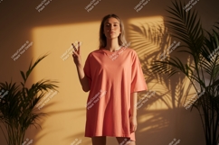 Woman wearing peach t shirt peace sign image Product Image 1