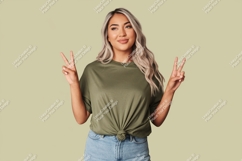 Woman peace gesture olive shirt denim image Product Image 1
