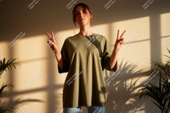Woman wearing olive green t-shirt peace sign image Product Image 1