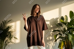 Woman wearing brown t-shirt peace sign image Product Image 1