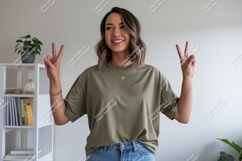Woman peace sign gesture green t-shirt Product Image 1