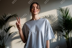 Young Woman Peace Sign Gray TShirt Mockup Product Image 1